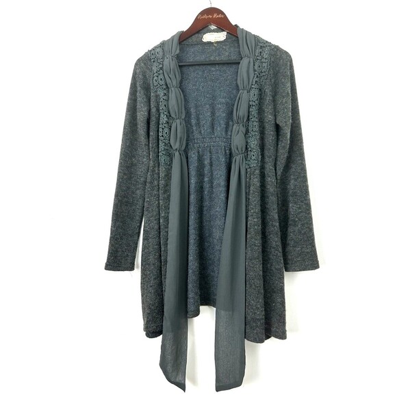 Areve Women Gray Ruffle Bow Lace Trim Longline Boho Cardigan Sweater Sz S 1110H3 - Picture 4 of 11